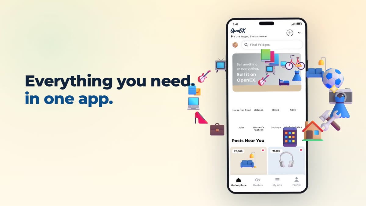 OpenEX app shown on a phone surrounded by 3D category icons